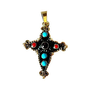 Vintage (?) Mexico Sterling 925 Turquoise Coral MATL Style Cross Pendant